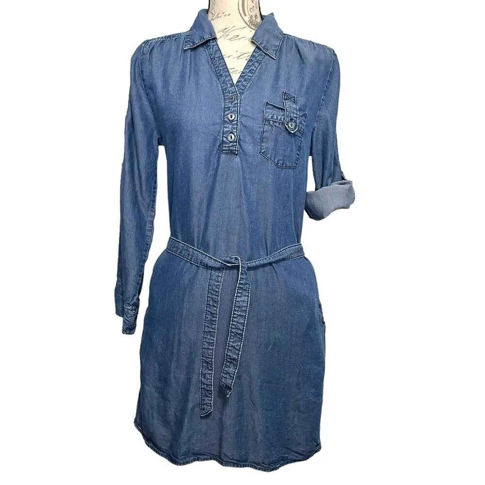 Womens Chambray Shirt Dress S Blue Tencel Roll Tab Belted Western Boho Casual